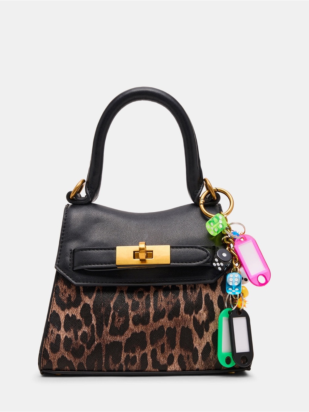 Steve Madden Black & Leopard Mini Top-Handle Bag with Colorful Charm Accents